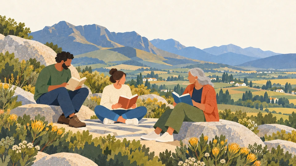 Three adults share books during a picnic in a garden on Paarl Mountain, with low shrubs and the Boland mountains beyond.