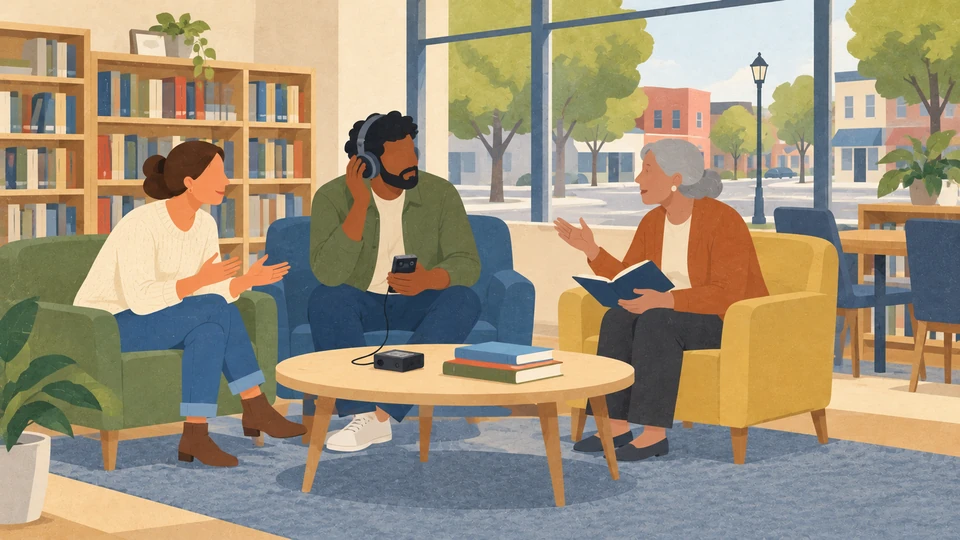 Three adults discuss an audio recording in a public-library listening corner, with books and a Midwestern town street visible through the window.