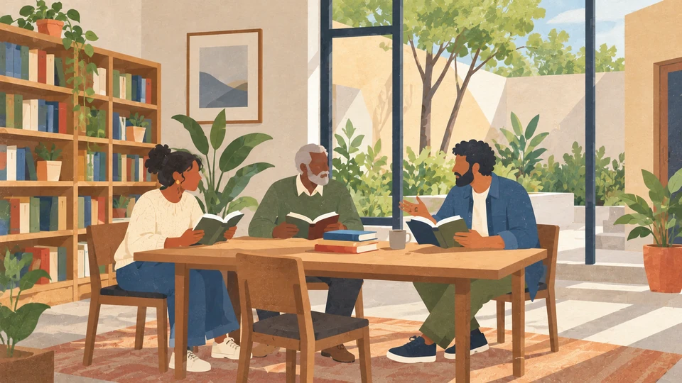 Three adults share books at a sunlit reading table in a contemporary Addis Ababa library setting.