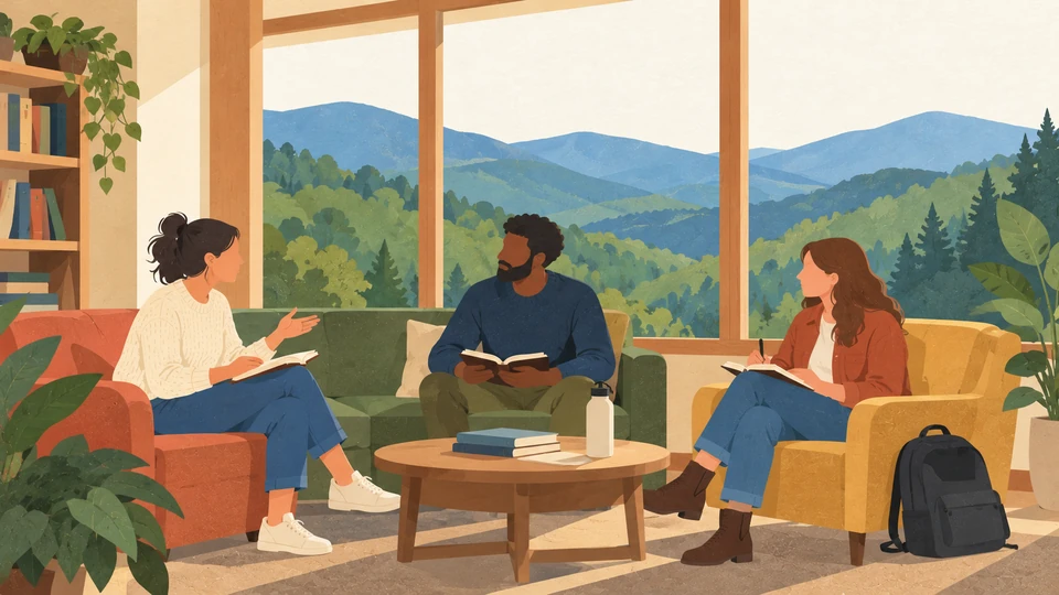 Three adult students talk over notebooks in a contemporary college common room, with wooded Appalachian ridges beyond the window.
