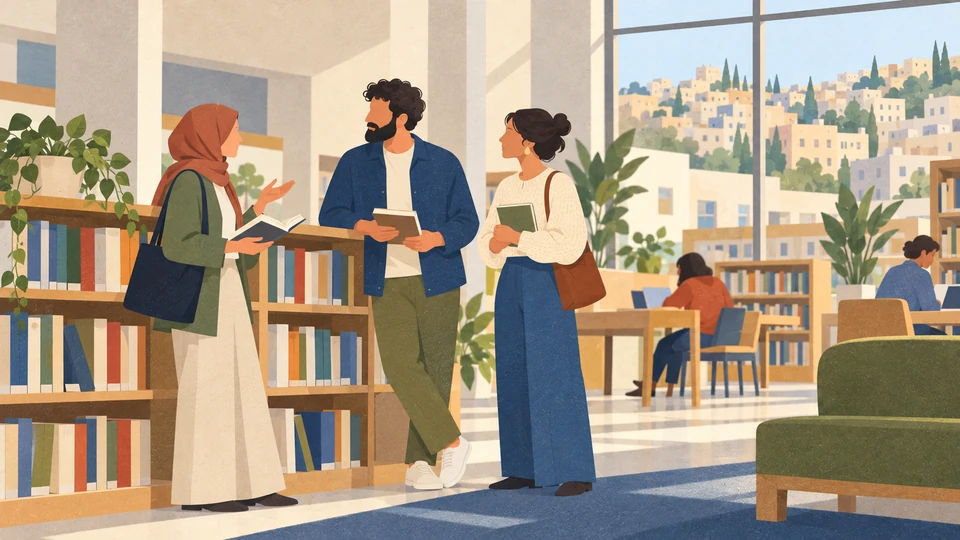Three adults discuss a book beside shelves in a contemporary public library in Amman.