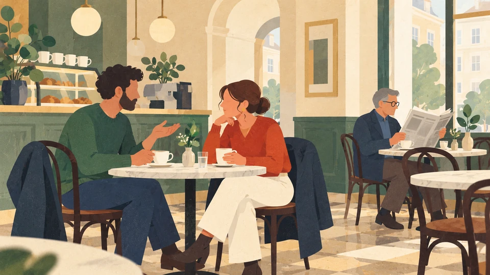 Customers talk and read a newspaper in a contemporary Viennese coffeehouse with marble-topped tables and bentwood chairs.