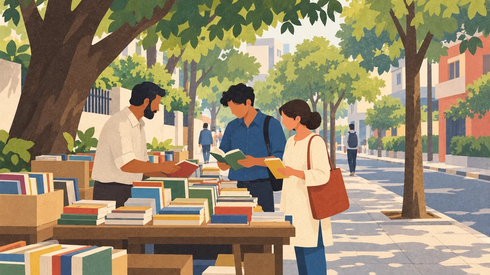 Adults browse paperbacks at a shaded outdoor bookstall along a city footpath in Dhaka.