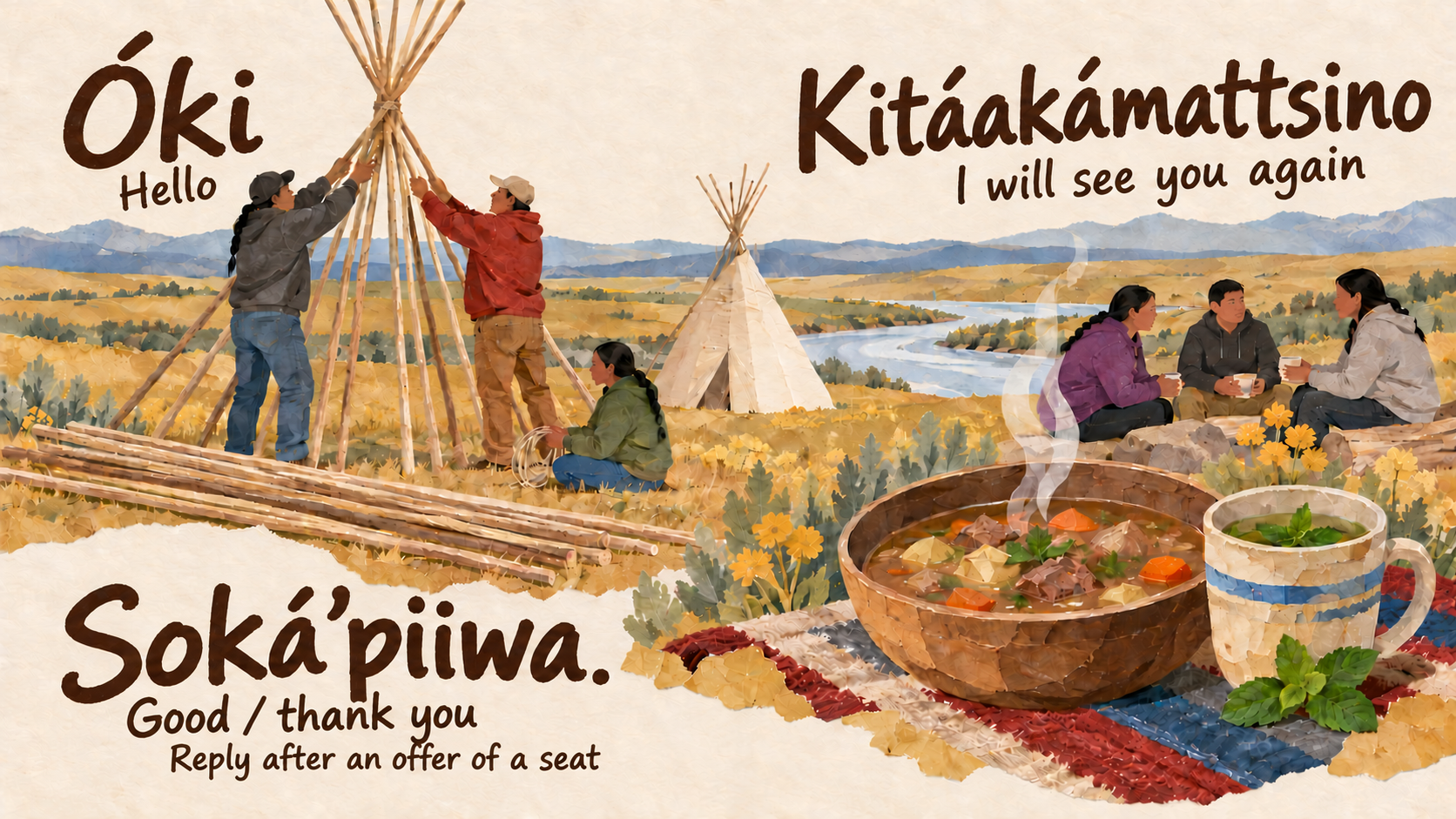 Representative Blackfoot collage with a fictional contemporary Siksika pole-preparation scene and an unpainted canvas tipi, beside a separate Kainai visiting-food vignette of meat soup and mint tea.
