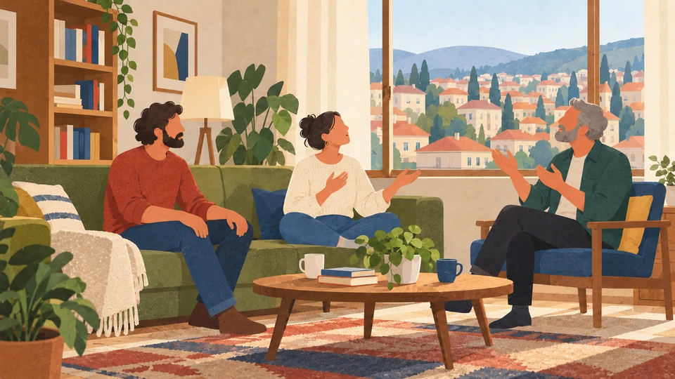 An adult sings informally to two listeners in a contemporary Sarajevo living room.