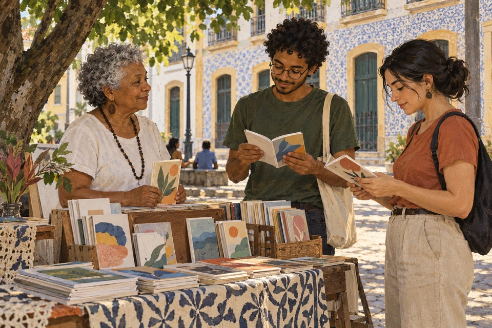 Readers browse small poetry booklets at a shaded outdoor stall in São Luís, Brazil.