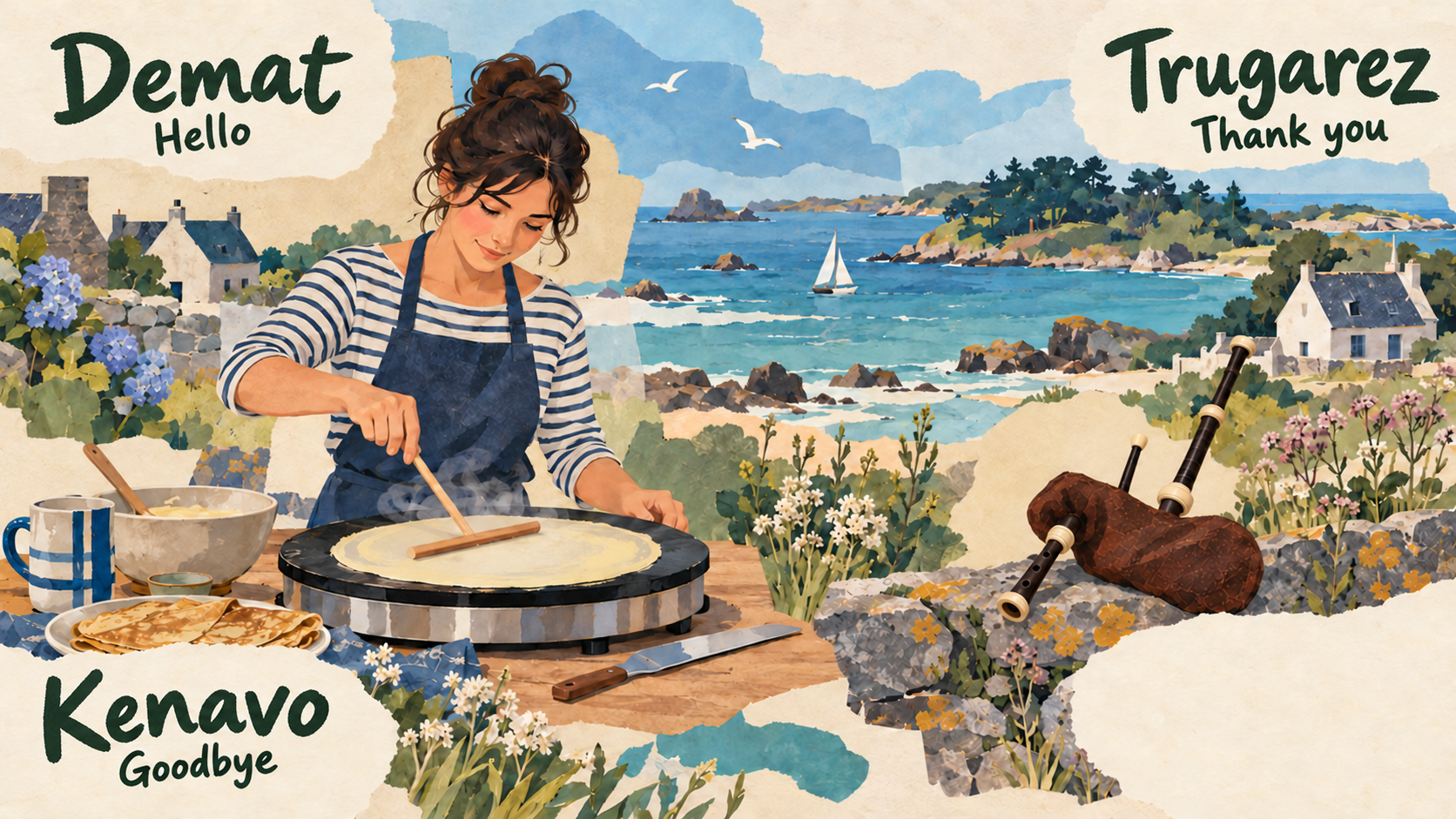 Representative western Brittany editorial collage with a fictional contemporary crêpe-maker using a flat billig and T-shaped rozell, beside a small binioù kozh bagpipe.