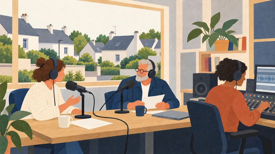 Three adults prepare an interview around microphones and audio equipment in an imagined community radio studio in Finistère, Brittany.