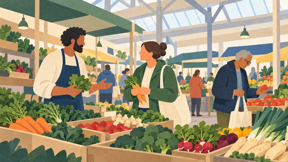 A shopper and stallholder talk beside vegetables in an imagined present-day indoor market in Leeds, while another shopper chooses produce.