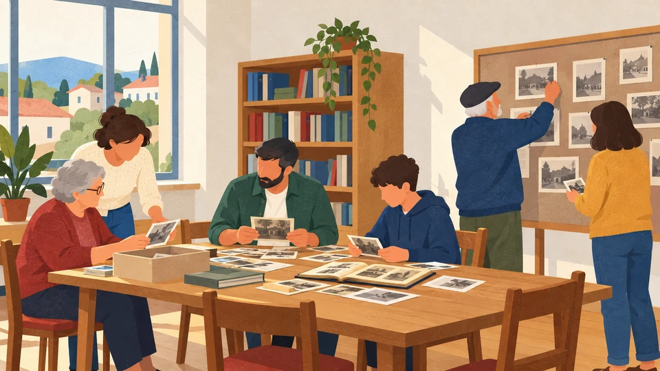 Residents of different ages arrange photographs for a small display in a contemporary Bulgarian community cultural centre.