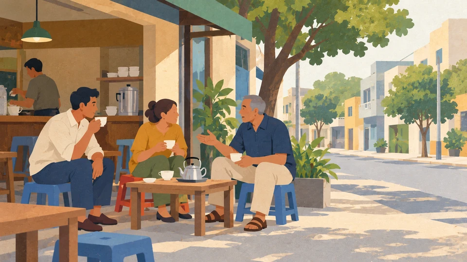 Three adults talk over tea at low tables in a contemporary Yangon neighbourhood tea shop.