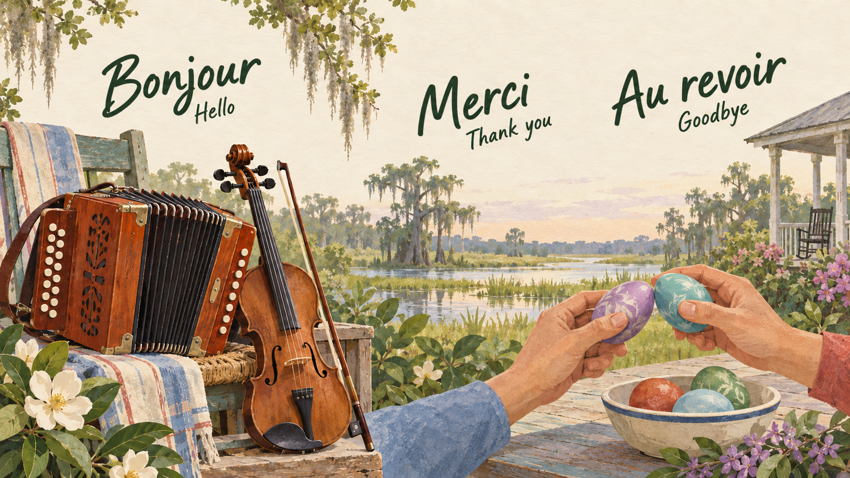 Representative south-Louisiana cultural collage of an accordion, fiddle and bow beside two fictional people tapping the pointed ends of dyed Easter eggs above a bowl.