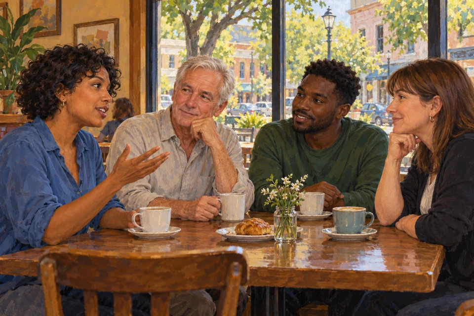Four adults listen and talk over coffee in an imagined present-day café conversation gathering in Lafayette, Louisiana.