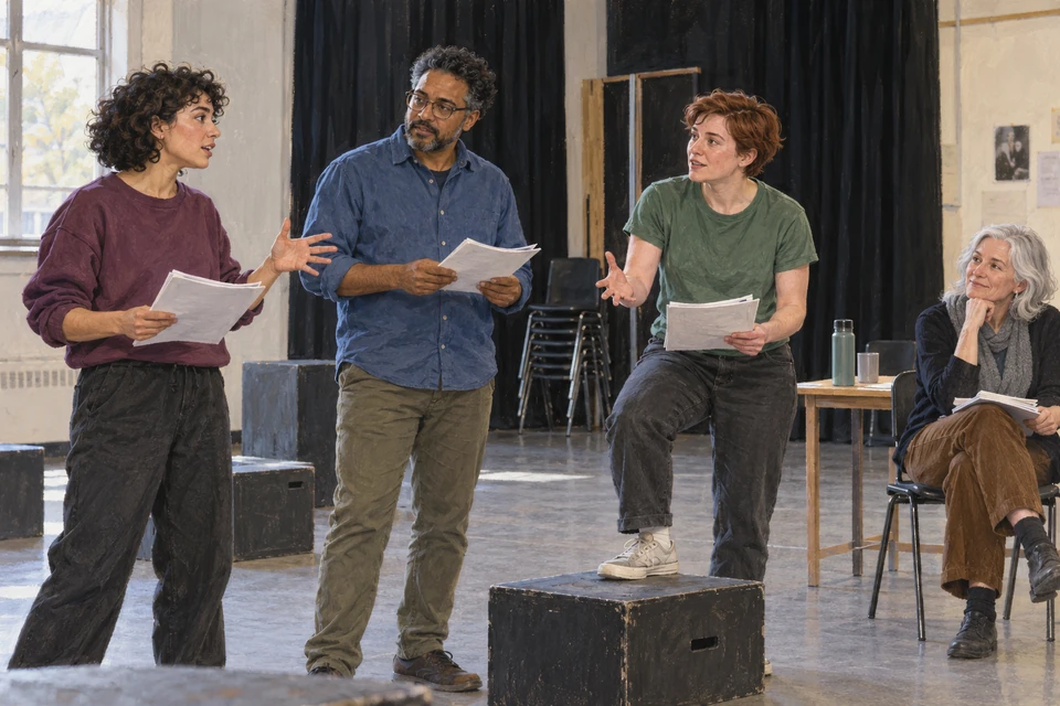 Adults rehearse with scripts in an imagined contemporary community theatre room in Saint-Boniface, Winnipeg.