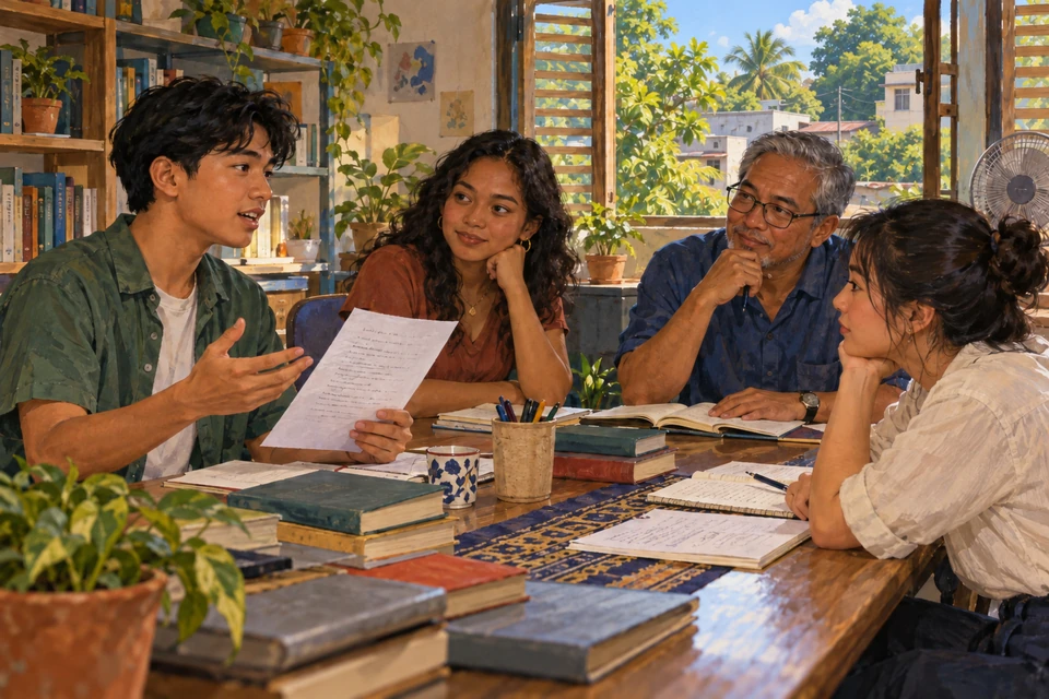 Students and a facilitator discuss a poem around a table in a contemporary Cebu City study room.