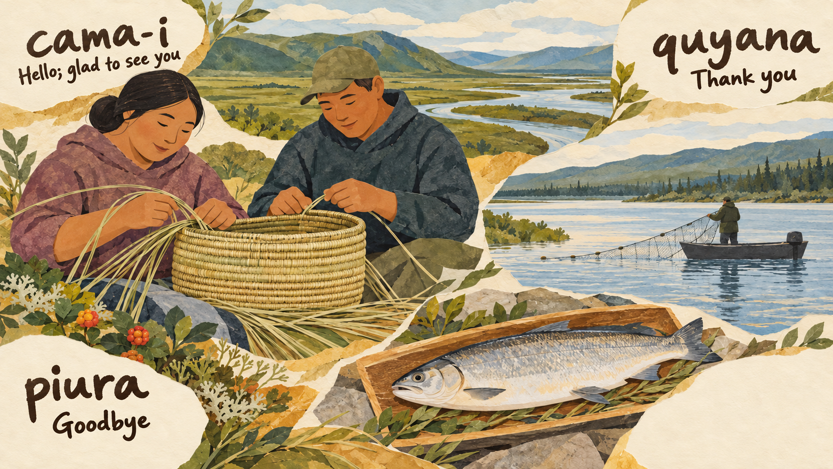 Representative Central Alaskan Yup’ik collage of fictional contemporary adults coiling a plain beachgrass basket, a whole whitefish and a small river-fishing vignette in an imagined Yukon–Kuskokwim setting.