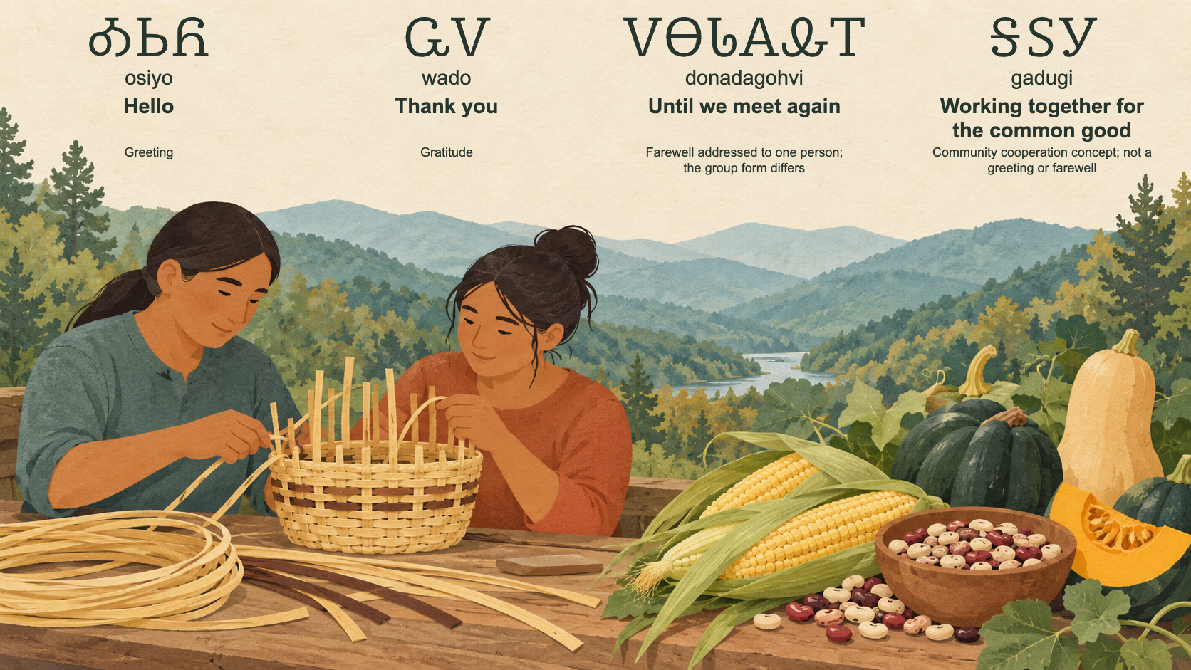 Representative Cherokee cultural collage of two fictional contemporary adults weaving an original rivercane basket, beside corn, beans and squash, with wooded mountain ridges behind.