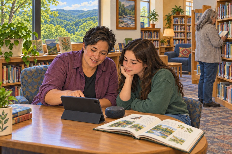 An adult and teenager share an audio lesson beside an illustrated book in a fictional contemporary library on the Qualla Boundary, with wooded hills outside.