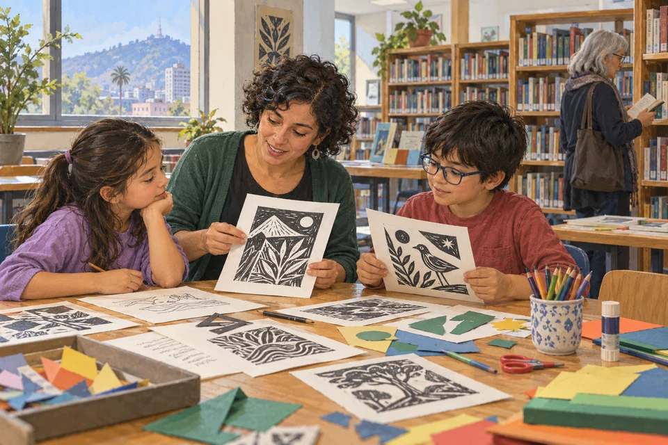 An adult and two children explore illustrated sheets and make paper artwork in an imagined contemporary library workshop in Santiago, Chile.