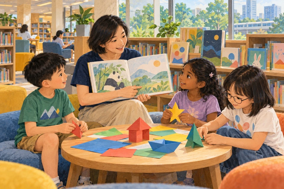 An adult shares a picture book with three children making paper crafts in a contemporary Singapore library.