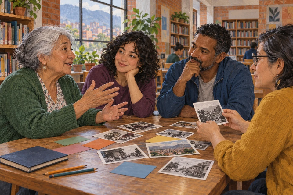Four adults share memories around photographs and coloured cards in an imagined contemporary neighbourhood library in Bogotá.