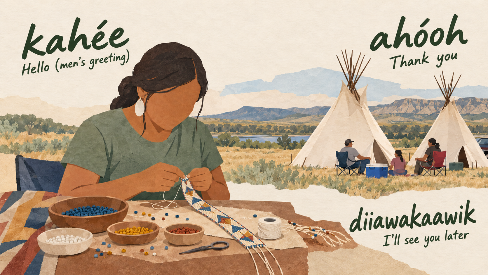 Representative Crow cultural collage of a fictional adult making a geometric beadwork strip, with an imagined contemporary Crow Fair family camp, plain canvas tipis and picnic chairs in Montana.