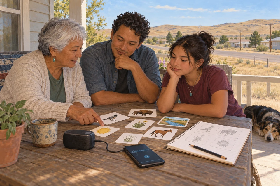 Three people of different generations listen to a language recording and look at picture cards on a fictional contemporary porch in southeastern Montana.