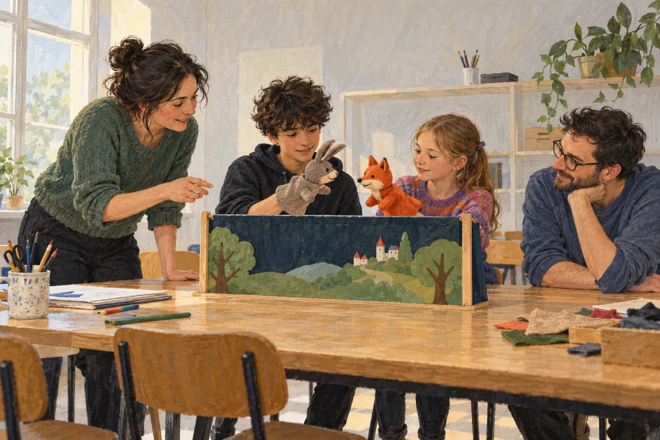 A facilitator and learners practise a puppet scene in a contemporary museum education room in Chrudim.