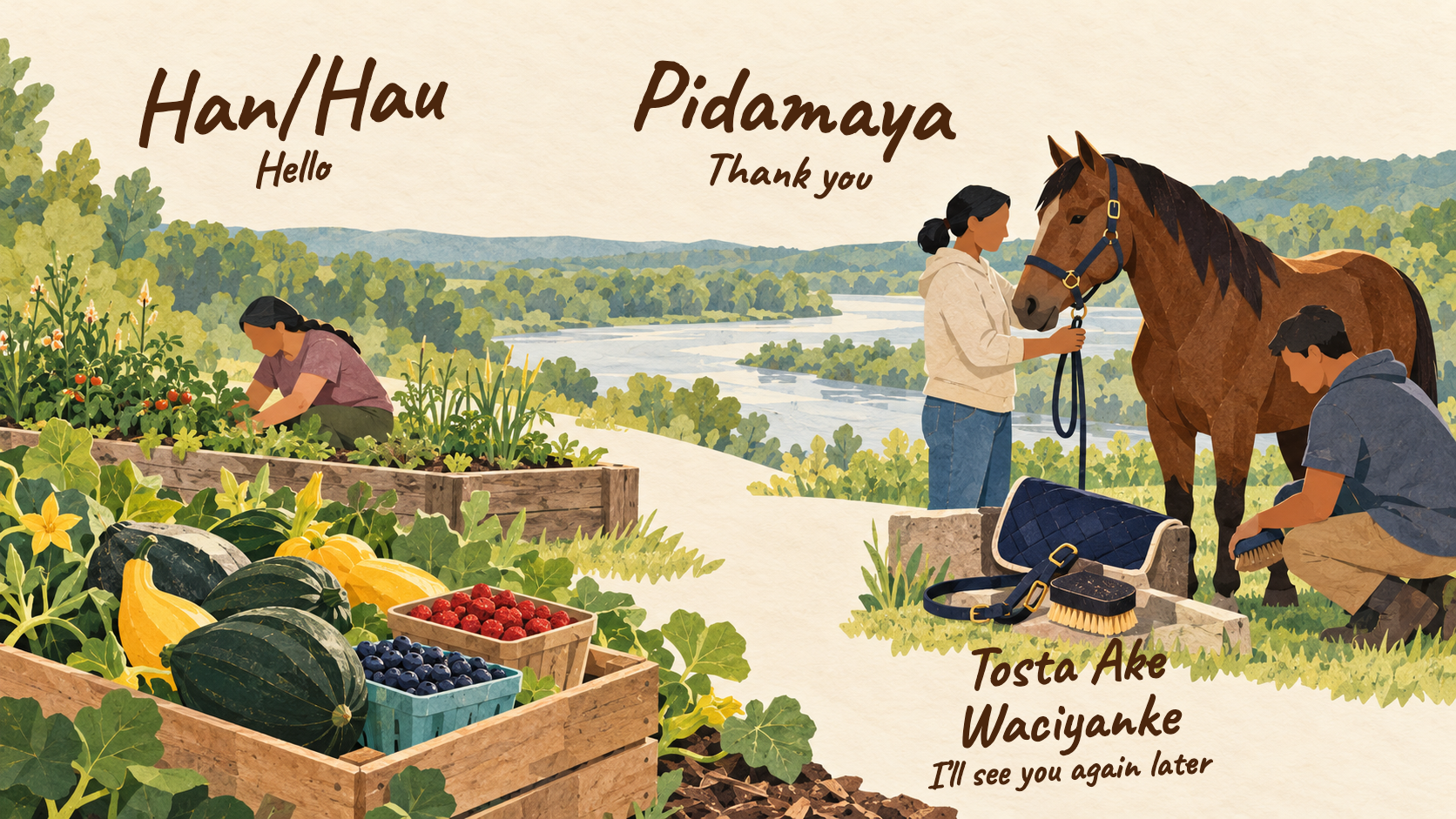 Representative Minnesota Dakota collage of squash and berries from a community-garden scene, with a separate contemporary horse-care scene showing fictional people, a halter, a grooming brush and a plain saddle pad.