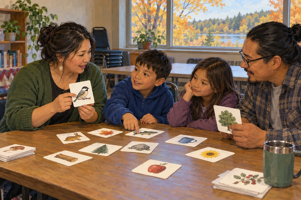 Adults and children share picture cards during a fictional contemporary Dakota-learning gathering in a Minnesota community room.