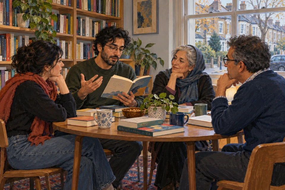 Adults share books and listen to a reader at a fictional contemporary Persian-language gathering in London, representing Afghan Persian participation in diaspora literary life.