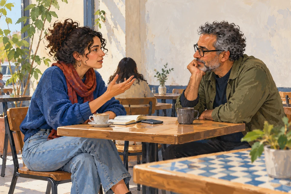 Two adults discuss poetry at a café table in contemporary Rabat, with a notebook and phone beside them.