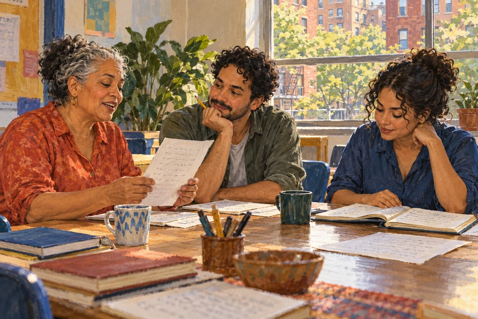 Three adults discuss a writing draft around a table in a fictional contemporary New York community room.