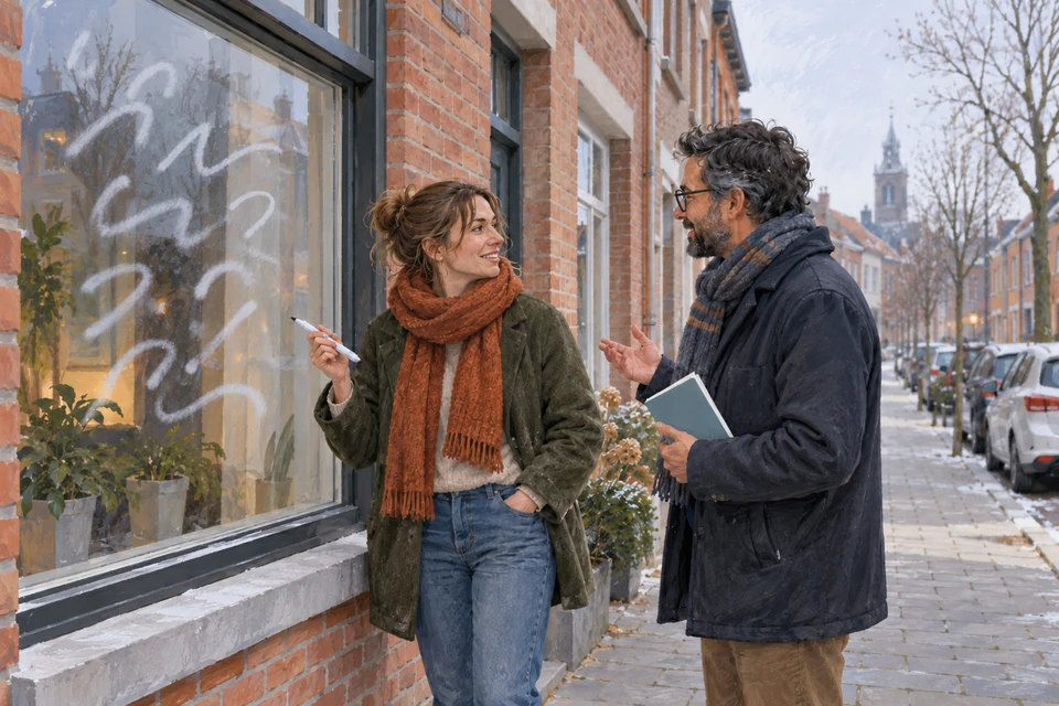 Two neighbours discuss a temporary window-poetry display on a residential street in Roeselare, Belgium.