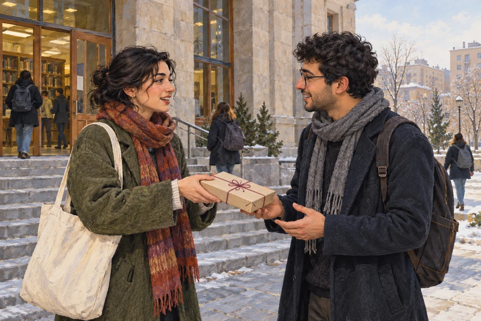 Two friends exchange a book outside a university library in Yerevan, in a fictional scene inspired by Book Giving Day.