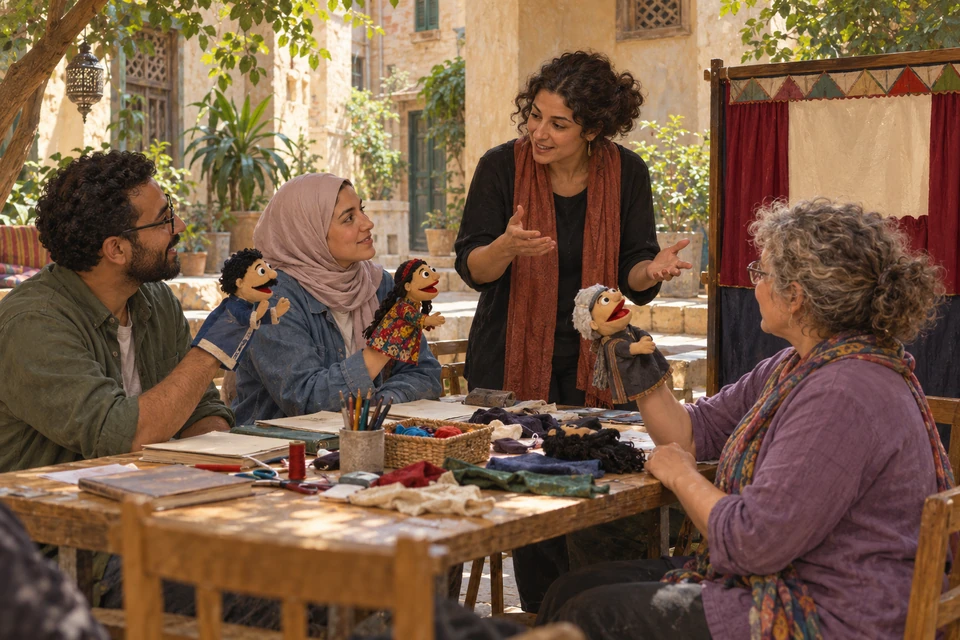 Adults practice with hand puppets around a table in a shaded Cairo courtyard, beside a small portable puppet screen.