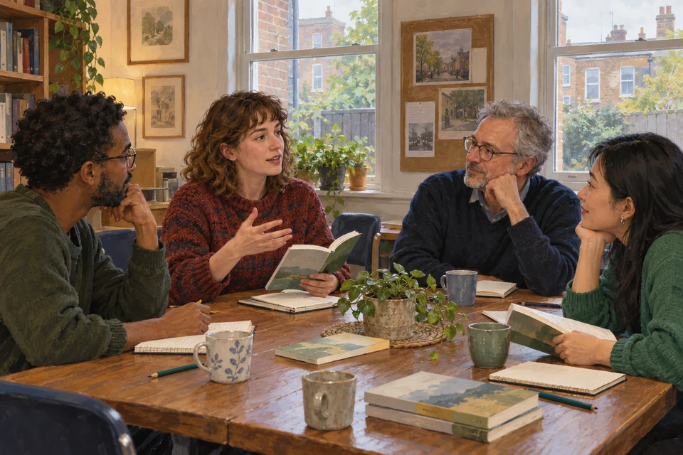 Four adults sit around a table with books and notebooks in a bright London community room, listening to one participant speak.
