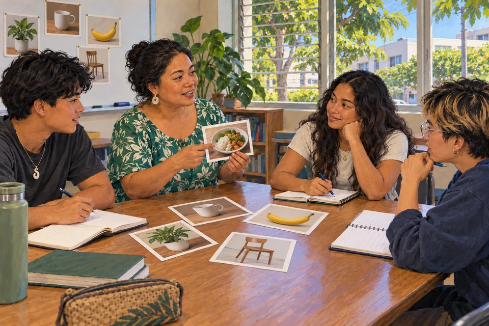 Young people and a facilitator discuss picture cards during a representative Filipino-language workshop in Honolulu.