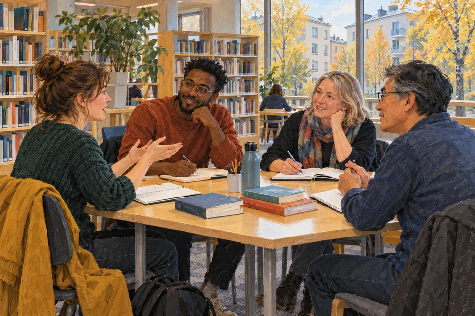 Adults practise conversation at a representative Finnish-language café in a Helsinki library.
