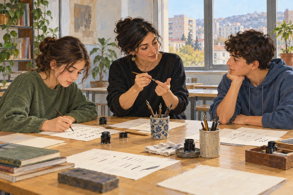 An instructor and two teenage learners practise pen-and-ink calligraphy in a fictional contemporary Tbilisi classroom.