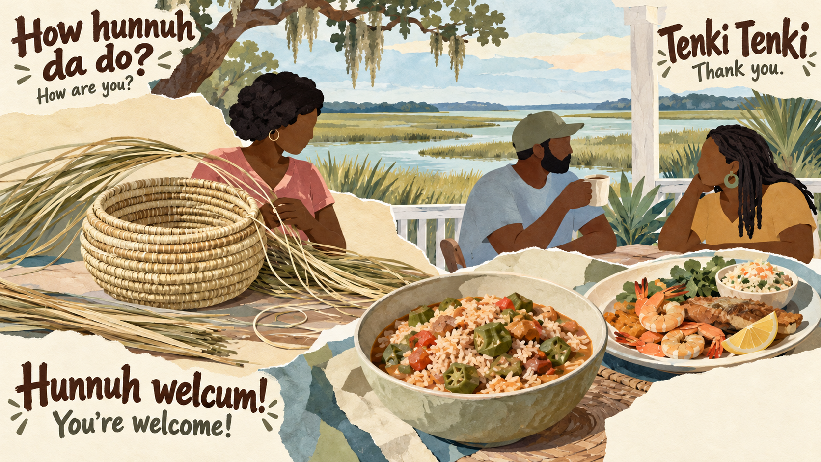 Representative Lowcountry collage of contemporary sweetgrass basket-making, rice and okra, seafood, and a coastal porch conversation.
