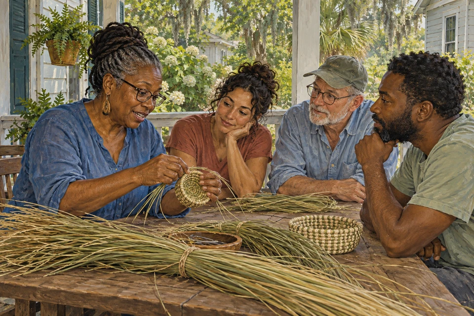An artisan shows three participants how a coiled sweetgrass basket is made at a table on a shaded South Carolina porch.
