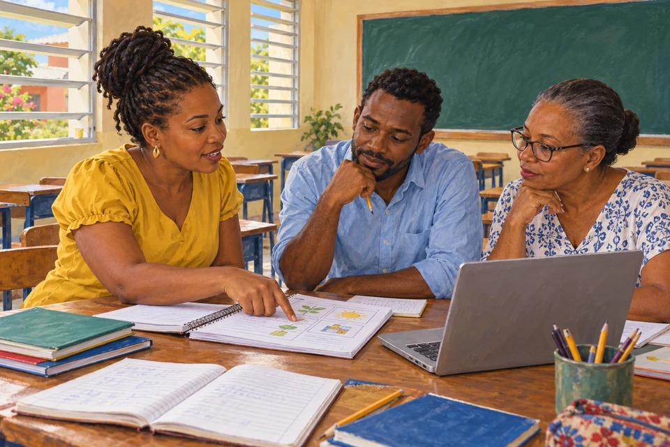 Three educators discuss lesson materials around a classroom table, with exercise books and an open laptop.