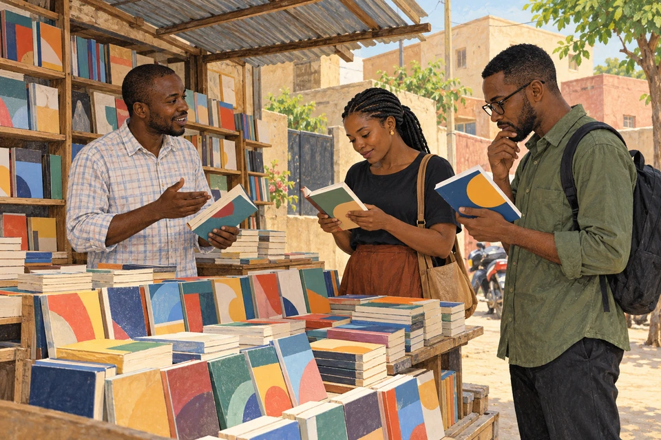 A bookseller and two adult readers browse paperbacks at a fictional contemporary bookstall in Kano.