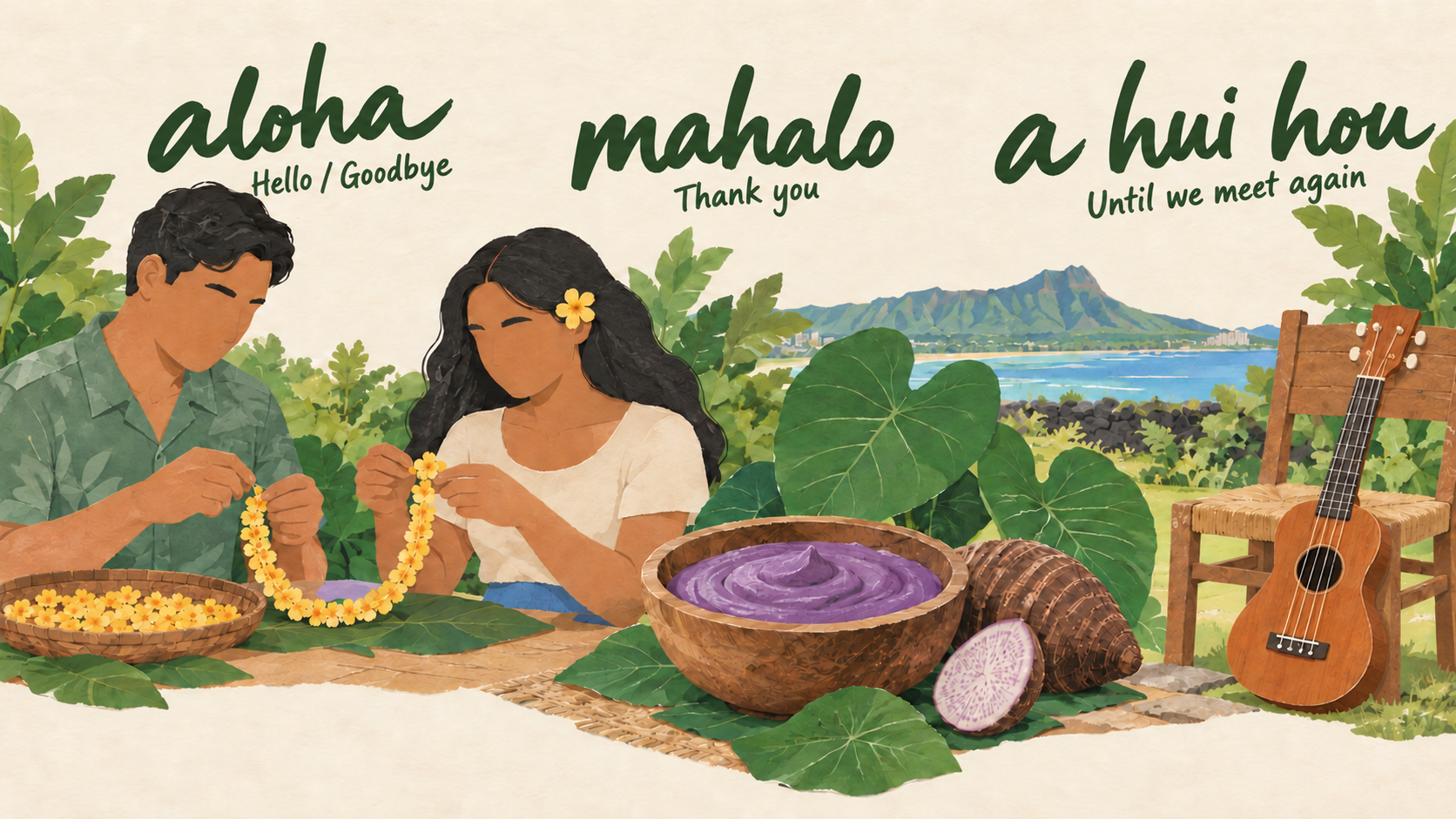Representative Oʻahu editorial collage of fictional adults stringing a yellow ʻilima lei, kalo with prepared poi, and a four-string ʻukulele.