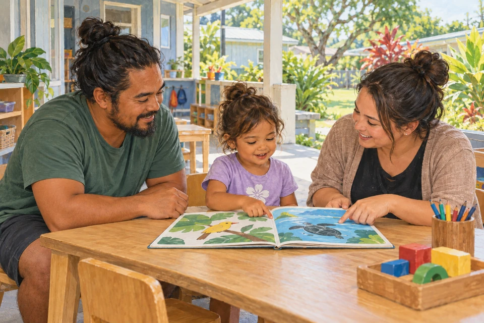 A child, parent and educator share a picture book in a fictional Hawaiian-language preschool setting in Hilo.