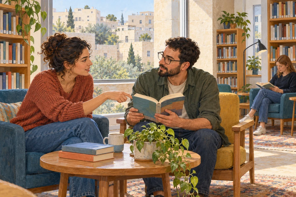 Two adults discuss a paperback in a fictional contemporary library reading corner in Jerusalem.