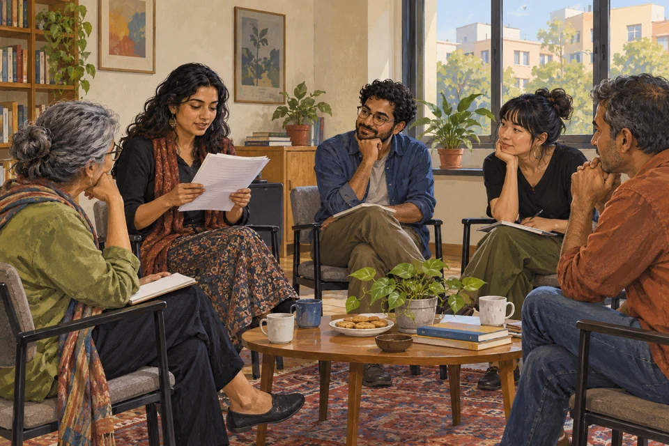 Adults listen as a participant reads from a manuscript in a modest New Delhi meeting room, with notebooks and tea nearby.