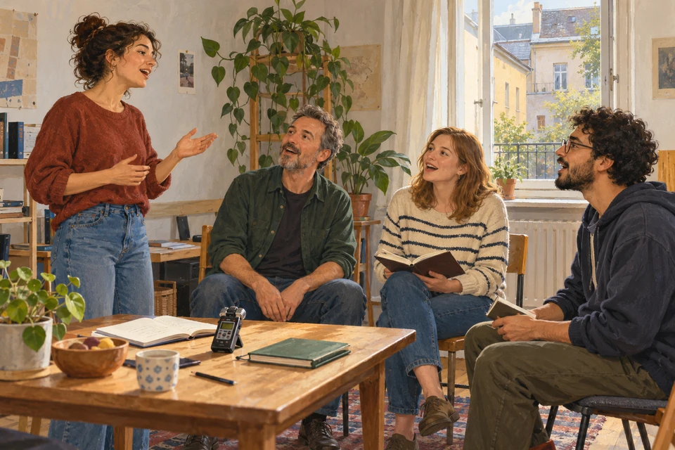 Adults share a song in a simple Budapest rehearsal room, with a small recorder and notebooks on a nearby table.