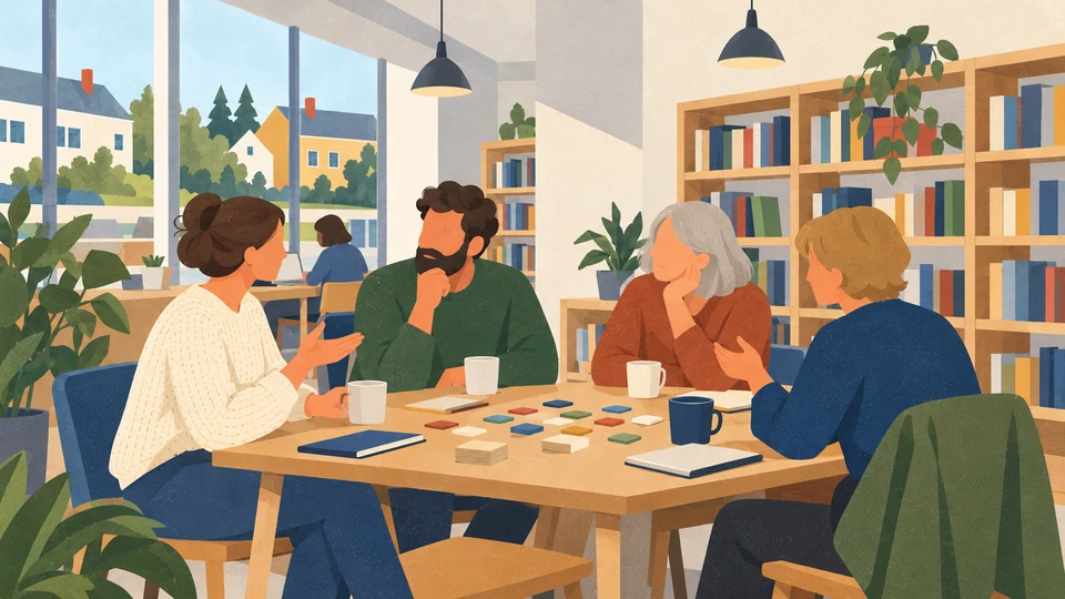 Adults talk and play a tabletop game during a fictional Icelandic language café in a Reykjanesbær library.